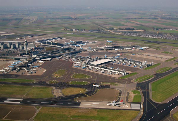 Aerial view of the Amsterdam Schiphol airport terminal and piers