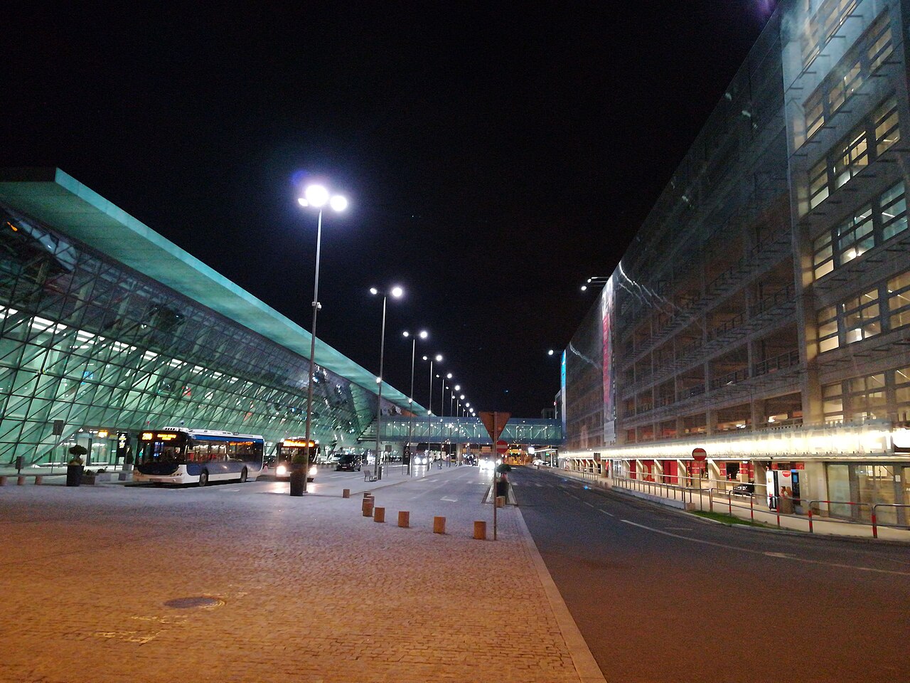 Krakow John Paul II Airport terminal at night
