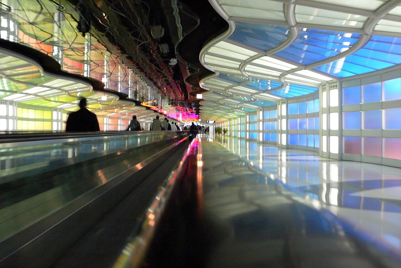 Neon lit walkway in Terminal 1 at Chicago O'Hare International Airport